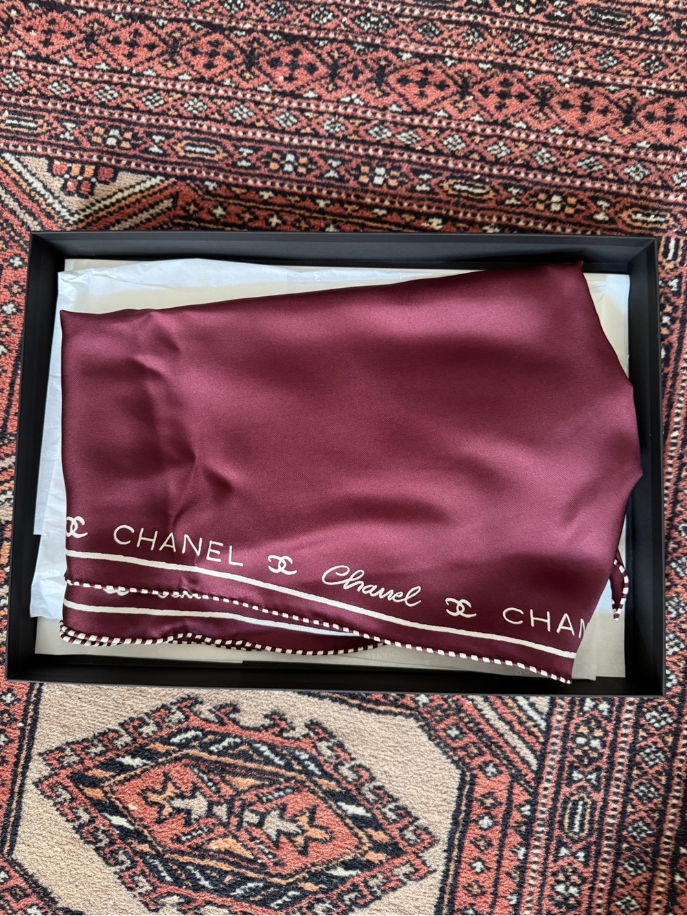 CHANEL Burgundy Silk Logo Border Scarf Brand New in Box Maroon